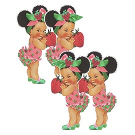Strawberry Girl Paper Cutouts Fruit Theme African American Baby Shower Birthday Decoration One Sided Print (16 inches - 4pcs, Strawberry Girl)