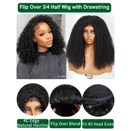 KLAIYI Afro Kinky Curly 3 In 1 Flip Over 3/4 Half Wig with 4C kinky Edge Glueless Wear and Go Headband Wig Drawstring Clip In Wigs for Black Women Ready to Wear Beginner Friendly 180% Density 20 Inch