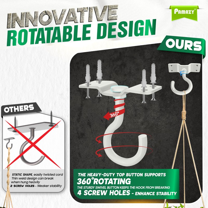 [Upgraded] 200LBS 4Pcs Rotatable Ceiling Hooks with 4 Screw Points