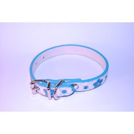 Pet Palace® "Flower Power Pup (BALTIC BLUE MEDIUM) Leather Luxury Dog Puppy Collar for Happy Hippy Hounds FREE LED FLASHING SAFETY BONE LIGHT to attach to collar