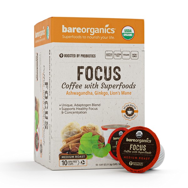 BareOrganics 13180 Focus Coffee with Superfoods, Organic Probiotic Coffee, 10 Single Serve Cups