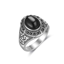 Aprilery Black Onyx Rings for Women - Silver Statement Ring Marcasite - Fashion Vintage Cocktail Rings Jewelry Girls Teens Valentines Day Gift (Round, 7)
