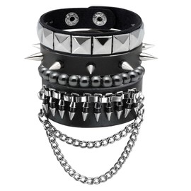 Manfnee Punk Gothic Bracelet for Men Women Leather Spike Rivet Metal Rivet Wristbang Cuff Black, Metal, No gemstone