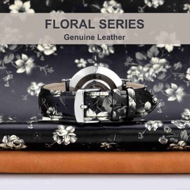 WOCCI 18mm Flower Watch Band for Women, Genuine Leather, Quick Release Strap, Silver Buckle (Ash Blooms)