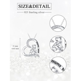 Flpruy Mama Bear Necklace 925 Sterling Silver Love Heart Mama Bear with 1 Cubs Necklace Jewelry Gifts for Women Mom