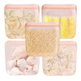 purifyou Set of 5 Reusable Silicone Storage Snack Bags 6oz / 16oz / 32oz / 64oz Self-Seal Food Storage Container for Fruits, Vegetables, Sandwiches, Dishwasher Safe & Leak-free (CloudPink, 32oz)