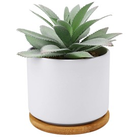 Hopewood Succulent Plants Artificial - Faux Agave Succulent Plant in Ceramic Pots with Bamboo Tray for Office Desk Living Room Decor(5.9inch)