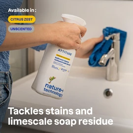 ATTITUDE Bathroom Cleaner Spray, EWG Verified, Plant-Based & Vegan, Safe for Bathroom Surfaces, Tiles, Tubs, Shower Walls, and Grout, Unscented, 27.1 Fl Oz