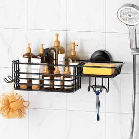 LEVERLOC Shower Caddy Suction Cup, Black Shower Shelf with Hooks and Soap Holder, NO-Drilling Bathroom Organizer, Rustproof Metal Bathroom Storage and Organization
