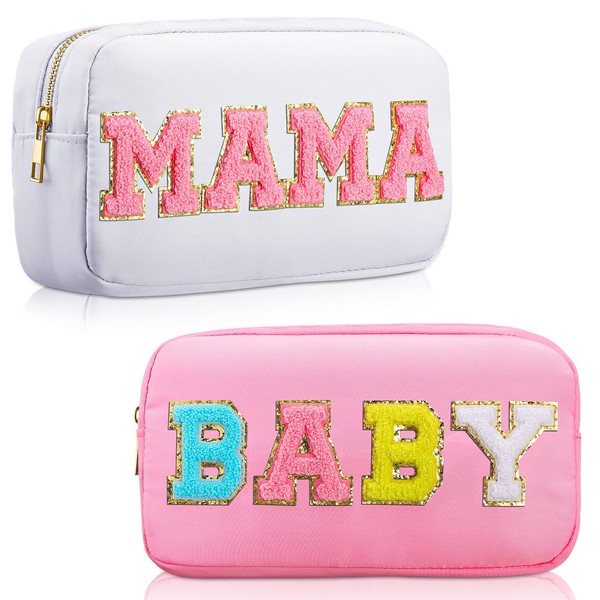 2 Pieces Nylon Cosmetic Bag Chenille Letter Makeup Bag Baby and Mama Pouch Zipper Baby Travel Toiletries Pouch Preppy Patch Cosmetic Travel Toiletry Bag for Women and Girls (White, Pink)