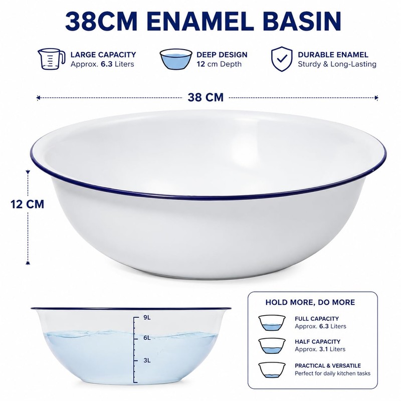 Baluue Enamel Basin 38cm White Enamel Bowl Large Mixing Bowl