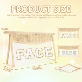 Clear Patch Makeup Letter Bag, Boho Preppy Chenille Letter Cosmetic Bag, Waterproof Zipper Make up Bag Toiletry Pouch for Women Girls, Clear Letter Transparent Organizer Pouch for Travel(Face, Beige)