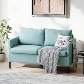 TYBOATLE 51" W Linen Fabric Upholstered Modern Loveseat Sofa Couch for Living Room, Love Seats 2-Seater Furniture w/Iron Legs for Compact Space, Apartment, Bedroom, Dorm, Office, Aqua Blue