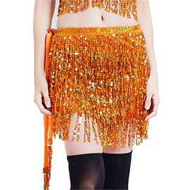 Lauthentic.S - Falda de lentejuelas para mujer, con borlas para danza del vientre, bufanda de cadera brillante, Naranja, X-Small-XX-Large