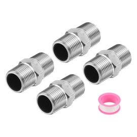 sourcing map 4pcs Hex Nipple Stainless Steel Pipe Fitting G1/2" Male x G3/8" Male Threaded Pipe Adapter Pipe Connector with PTFE Tape for Water, Gas, Fuel Pipeline (Silver Tone, 32mm/1.3")