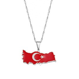 Hafrita Turkey Map Flag Necklace Pendant Men Turkish Gold Turkiye Cumhuriyeti Necklaces, 60cm, Gold Plated, Agate