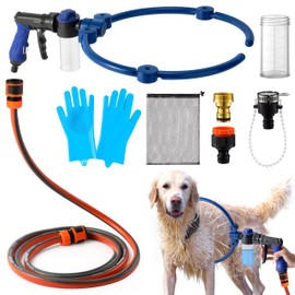 MALLMALL6 Adjustable 360° Dog Washing Hose Attachment with Pet Grooming Glove & 2 100cc Soap Dispenser, Foldable Foam Nozzle Sprayer with 4 Faucet Connectors & 8.2Ft Puppy Washer Hose for Showering