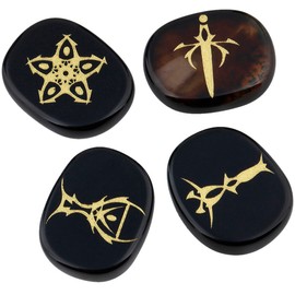 SUNYIK Flat Oval Black Agate with Engraved Tarot Symbols Palm Stone Worry Stones Set of 4