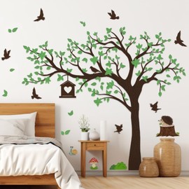 Large Tree Wall Stickers Famliy Trees Wall Decals with Green Leaves Bird Birdcage Peel and Stick Murals for Kids Bedroom Nursery Classroom Decor (Green Tree)