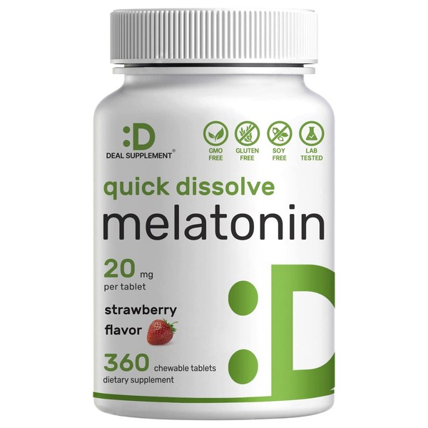 Melatonin 20mg Tablets, 360 Pill - Strawberry Flavored - Easy Consumption & Absorption | Keto, Vegan Friendly, Bulk Supply (360 Servings)