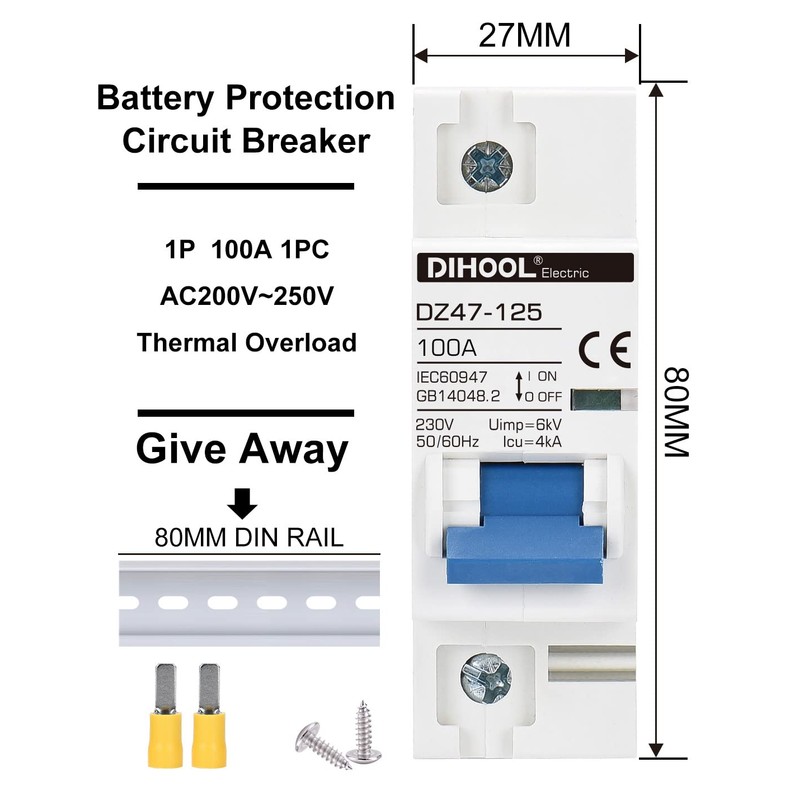 DIHOOL Miniature Circuit Breaker MCB, 1 Pole, 100Amp,230VAC,Type C