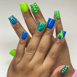 TBRZTR Press on Nails Short Square Shaped Blue Green Smudge False Nail with Design Charm Acrylic Fingernails Artificial Stick on Nails Full Cover Coffin Reusable Glue on Nail for Women 24Pcs
