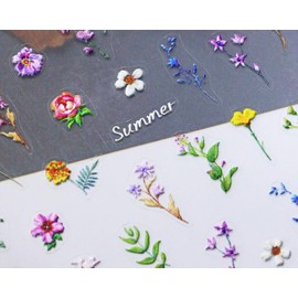 Flower Nail Art Stickers Penta Angel 4 Sheets 3D Self Adhesive Embossed Spring Red Blue Purple Green Floral Daisy Leaf Nail Decal Accessories for Women DIY Nail Decoration Manicure (Mixed Color)
