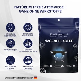 BreatheHunters® - Premium Nasenpflaster | schwarz, Nasenstreifen, weniger Schnarchen, bessere Schlafqualität, mehr Leistung Sport, Schnarchpflaster, Nose stripe, Besser Atmen (60 Stück)
