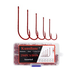 Kunsilane 250 anzuelos para pesca con anzuelos de pesca de punta redonda, color rojo, tamaño #1, #2, #4, #6, #8