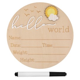 Gosknor Baby Announcement Sign, Wooden Hello World Newborn Sign Cute Birth Announcement Board Welcome Baby Name Plaque for Nursery Hospital Girl Boy Baby Shower Photo Props