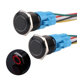 JIQI Latching Push Button Switch 19mm 3A Ring LED 12V-24V Black Metal Pushbutton Switch 1NO 1NC Self-Locking Waterproof Aluminum Shell with Wire Socket Plug 5/8''(Red,Pack of 2)