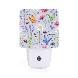FSHVQKD Wild Flowers and Insects Butterflies Night Light,Plug Into Wall for Boys Girls Bedroom Decorative Square Night Light Lamp 0.5w Sleep Friendly