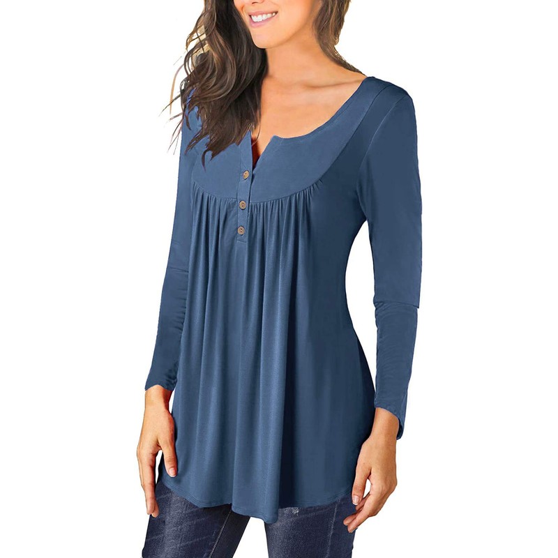 Ranphee Women's V-Neck Button Down Tunic Elegant Tops, L Blue