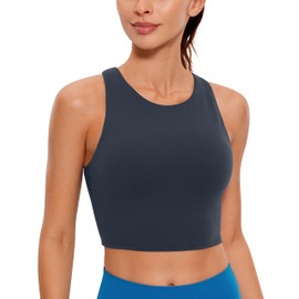 CRZ YOGA Women's Butterluxe Racer Back Padded Sports Bra - High Neck Longline Crop Top Gym Workout Tank Tops with Built in Bra True Navy 10