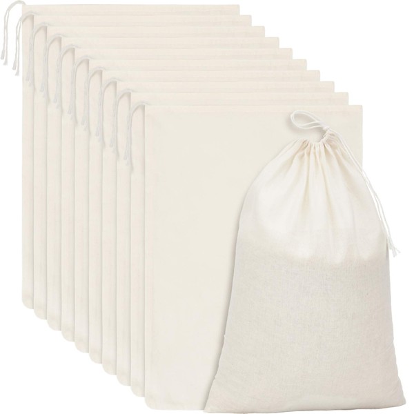 15 Packs Muslin Bags Cloth Bags with Drawstring Canvas Large Storage Bags Bulk Cotton Reusable Grocery Bags DIY Craft Sachet Bag for Party Wedding Home Storage, Natural Color (13.8 x 10 Inches)