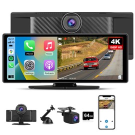 Pyniro 10.26" Portable Apple Carplay Screen for Car, Carplay & Android Auto Car Stereo, Touchscreen GPS Navigation 4K Dash Cam/1080P Backup Camera/Mirror Link/Bluetooth/Voice Control