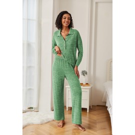 Ekouaer Women's Pajamas Set 2 Piece Knit Long Sleeve Button Down Sleepwear Soft Pjs Lounge Sets Green, Large