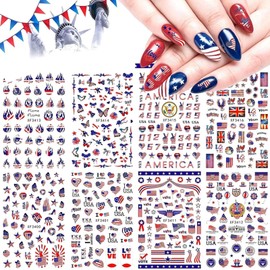 8sheets 4th of July Nail Art Stickers 3D Self-Adhesive American Flag Patriotic Independence Day Nail Decals USA Flags Butterfly Heart Star Nail Design I Love America for Memorial Day DIY Manicure