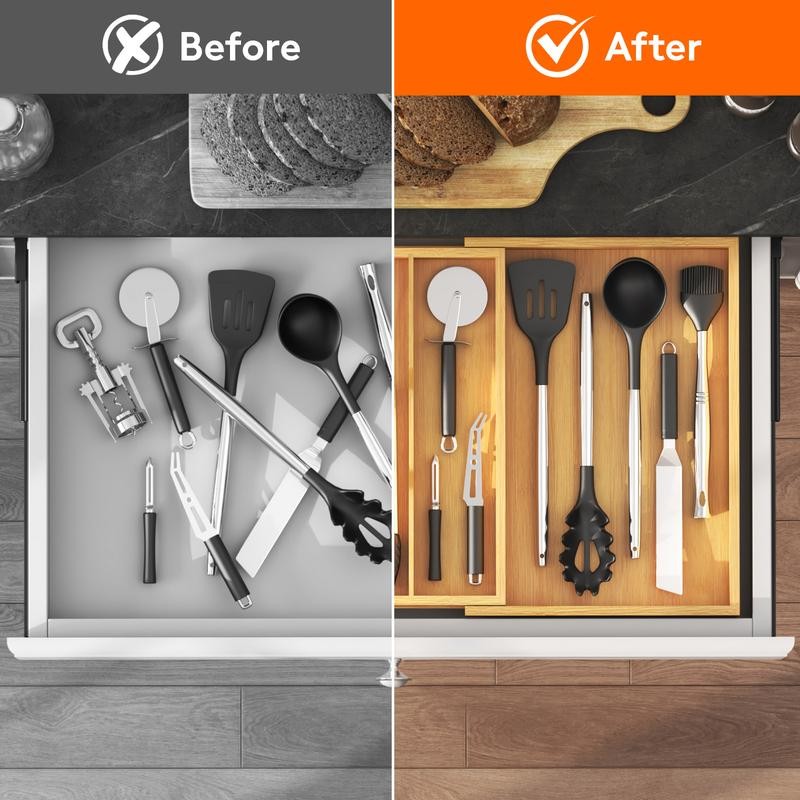 Lifewit 4 Compartments Bamboo Utensil Drawer Organizer, Expendable Cooking Silverware