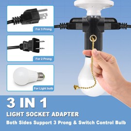 (3 Pack) Light Socket to Plug Adapter, Both Sides Support 3 Prong Light Socket Adapter, Light Bulb Outlet Socket Adapter with Switch Control, E26 E27 Light Bulb Socket Adapter - Black