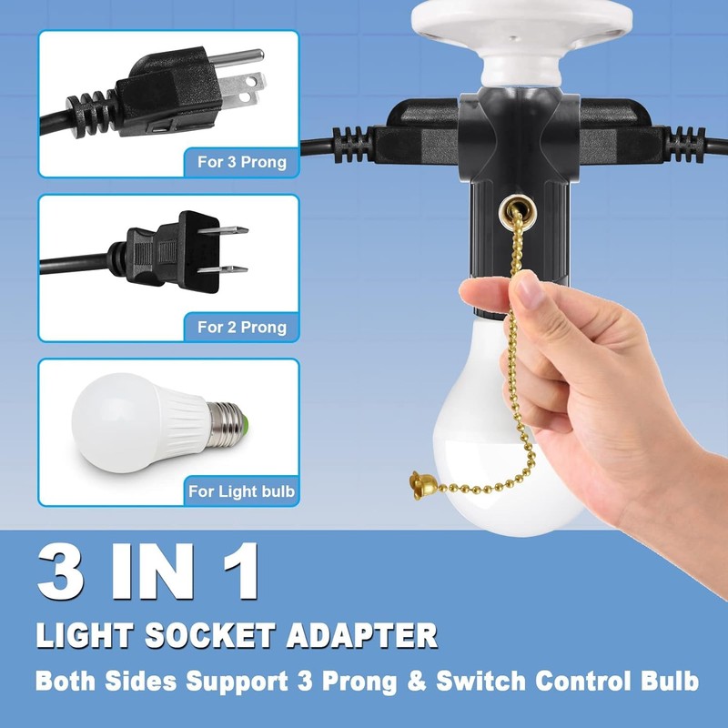 (3 Pack) Light Socket to Plug Adapter, Both Sides Support