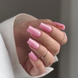 KQueenest Glossy Baby Pink Press on Nails Long Medium Square, Fake Nails Press ons, Glue on Nails Coffin For Women, Natural Gel Square Tip Nails, Acrylic False Nails Set for Finger Manicure