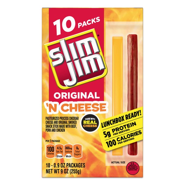 Slim Jim Original 'N Cheese Smoked Meat Stick, Easy, On-the-Go School, Work and Travel Snacks, 0.9 OZ Meat Snacks, 10 Count Box