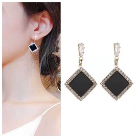 Yheakne Vintage Black Square Earring Gold Enamel Square Drop Earrings Cubic Crystal Earrings Rhinestone Black Geometric Earrings for Women and Girls (Square)