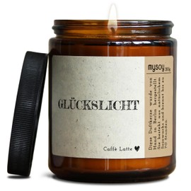 GLÜCKLICHT Deko Duftkerze mit Spruch für Männer & Frauen | Handgemacht aus Sojawachs | In Geschenkbox | Nachhaltiges Gast Geschenk Idee Freundschaft Freund Papa Mann Schwester |Kaffee