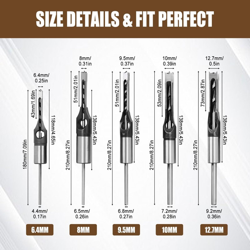 Square Hole Drill Sets, Woodworking HSS Wood Chisel Countersink Bits