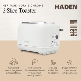 Haden Heritage 2-Slice Wide-Slot Toaster, Stainless-Steel Bread Toaster with Adjustable Browning Control, Non-Slip Feet & Crumb Tray, Ivory & Chrome