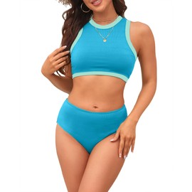 XUNYU - Traje de baño de cuello alto para mujer, bikini deportivo de dos piezas con espalda cruzada, cintura alta, bloque de color, traje de baño para adolescentes, Bikini azul, S