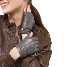 Nappaglo Women's Short Leather Fingerless Gloves Spring Summer Autumn Work School Handmade Driving Gloves Silk Lining - grays