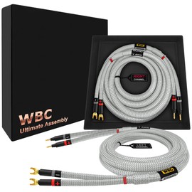 WORLDS BEST CABLES 8 Foot Ultimate - 7 AWG - Ultra-Pure OFC – Extra Premium Audiophile HiFi Speaker Cable Pair with Eminence Gold Banana (x2) & Spade (x2) Plugs & Silver Tweed Jacket